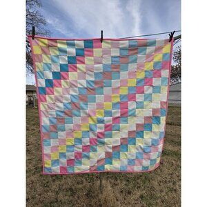 Handmade Patchwork Tied Baby Or Lap Quilt Grannycore 42 X 42" Polyester Rainbow